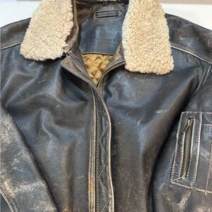 Roundtree & Yorke Brown Bomber Leather Jacket with Shearling Collar
